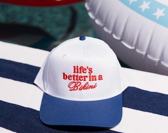 Life's Better In A Bikini Royal/White  Embroidered Hat | Summer Trucker Hat | Blue Striped Bill Hat | 4th Of July Hat | Memorial Day Hat |