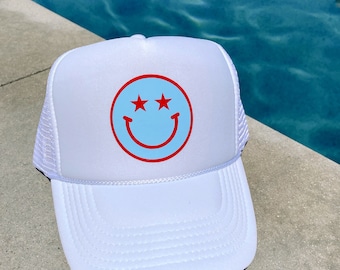Smiley 4th Of July Trucker Hat | Trucker Hat | Summer Trucker Hat | Pool Hats | Smiley Hat | Beach Hat |  | 4th Of July |