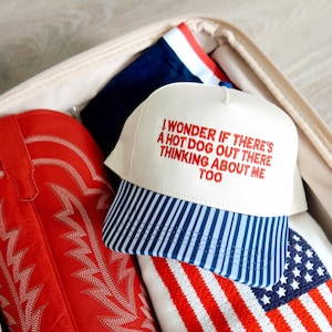 I Wonder If There&#39;s A Hot Dog Out There Thinking About Me Too | Embroidered Hat | Summer Trucker Hat | Blue Striped Bill Hat