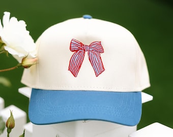 USA Stripe Red/Light Blue Bow Embroidered Hat | Trendy Trucker Hats | 4th Of July  Trucker Hats | Memorial Day | Bow Hats | USA Bow | Boat |
