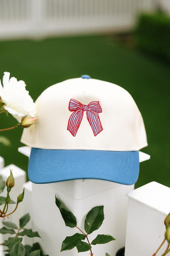 USA Stripe Red/light Blue Bow Embroidered Hat | Trendy  display picture 3