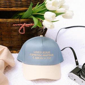 Loves Jesus Espresso Martinis & America Too | Embroidered Hat | Summer Trucker Hat | Country Festival Outfit | Country Hat | 4th Of July |