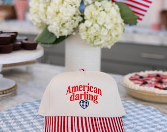 American Darling Red Striped Embroidered Hat | Summer Trucker Hat | Blue Striped Bill Hat | 4th Of July Hat | Memorial Day Hat |