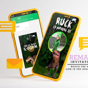 Three Rex Invitation, Three Rex Birthday Invitations, Dino Birthday Party Invite, Dinosaur T-Rex Invite Template, Animated Video T-Rex