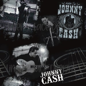 May include: Black and white collage featuring Johnny Cash playing guitar and singing. The collage includes images of Johnny Cash on stage, playing guitar, and singing into a microphone. The text "Hello! I'm Johnny Cash" is featured in the collage.