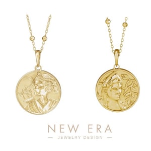 14k MASSIEF GOUD Griekse sieraden. Godinnenkettingen en armband. Atheense, Artemis en Aphrodite hangers