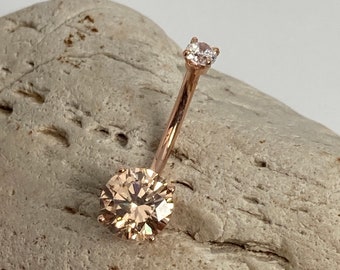 14k Solid Rose Gold Morganite belly button ring. Peach Morganite and Navel ring.