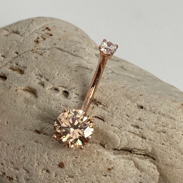 14k Solid Rose Gold Morganite belly button ring. Peach Morganite and Navel ring.