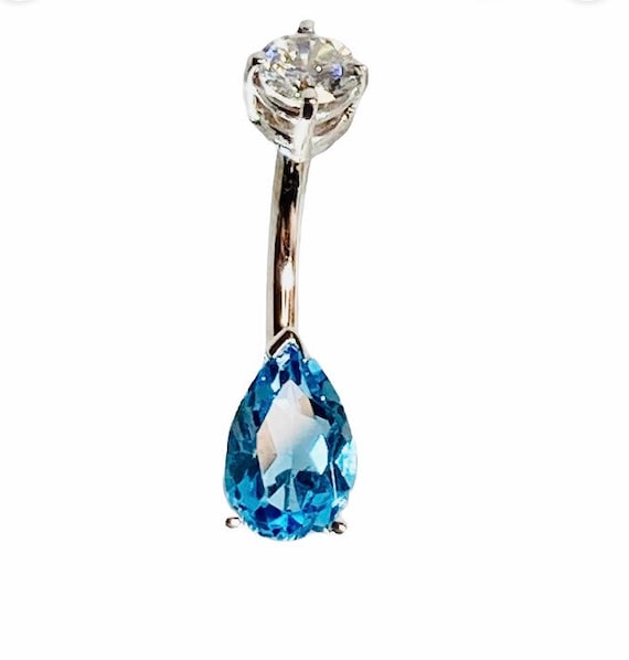 14 Karat Gold Belly Button Ring Navel Ring Pear Shape Blue Topaz 1