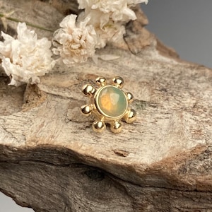 14k solid gold Natural Opal decorative end. Body jewelry 14 and 16 gauge threaded gold ends. Dermal, Labret thread.
