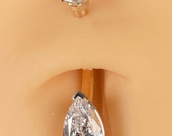 Anillo del ombligo de oro macizo de 14 quilates.- Anillos de ombligo de zirconia en forma de pera 8x5mm de dos tonos de 14 quilates amarillo y oro blanco. Calibre 14