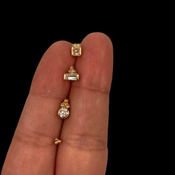 14 karat solid gold three bead Collection, Baguette -round -princess cut and stud. Threaded and threadless gold ends.