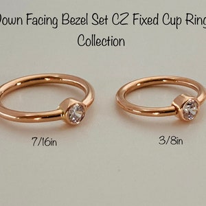 14k solid gold Down facing bezel set CZ Fixed cup Ring.  7/16 inch, 3/8 inch Featured in 18 gauge option of White, yellow, rose gold