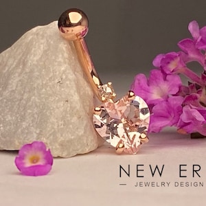 14 karat solid Rose gold natural heart morganite. Bellybutton ring - Navel ring - Morganite and Cognac diamond -peach/ pink navel ring