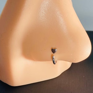 14 karat solid gold heart nostril nail ring. Heart nose ring hoop. Nostril nail