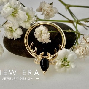 14k solid gold Onyx and diamond Deer Head unisex body jewelry Deer antler seam ring