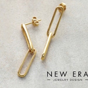 14K Solid gold Paperclip earrings. Yellow Elongated Flat Link Earrings. 14KR 14KW 14KY