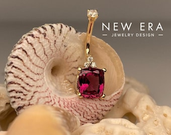 14k gold genuine Garnet raspberry Rodalite belly button ring Diamond navel ring with all genuine stones.