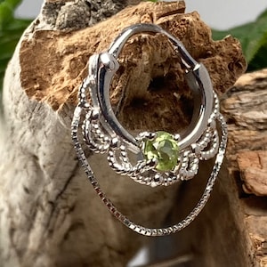 14k white gold natural peridot Mountain hinged ring with dangle box chain. One of a kind