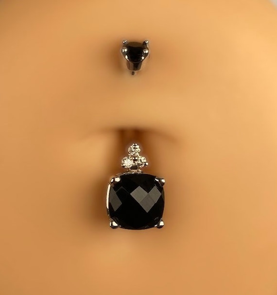 14k Solid White Gold Diamond and Black Onyx Belly Button Ring. Diamond Faceted Black Onyx Navel and Rings. Etsy
