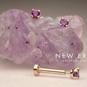 14k gold Natural Amethyst 2mm prong-set decorative ends. Threadless and threaded and dermal implant threads amethyst stud