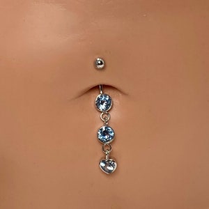 14k solid white gold Aquamarine belly button ring. Round and Heart Dangle Navel ring. Blue belly ring. Gift for her