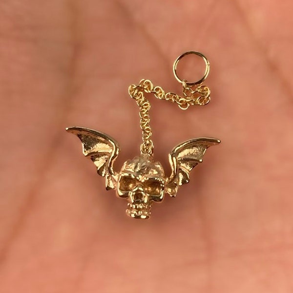 14 karat solid gold winged skull- Skull and wing dangle- Skull Earring Dangle attachment. Skull and wing huggie charm