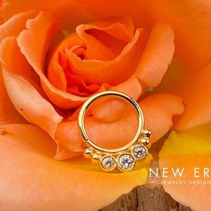 14 karat gold -  18g Septum  - nose ring - daith - cartilage earring - 3/8inch Three bezel set 2.5-3mm cz with two twin bead on each side.