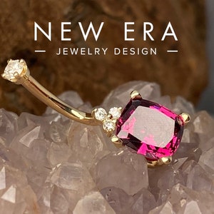14k gold genuine Garnet raspberry Rodalite belly button ring Diamond navel ring with all genuine stones.