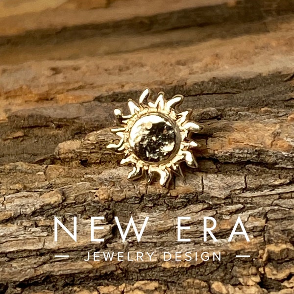 14k solid gold SUN .25g threadless pin, 14g, 16g threaded ends, dermal thread body jewelry. Hammered rose, white, yellow gold