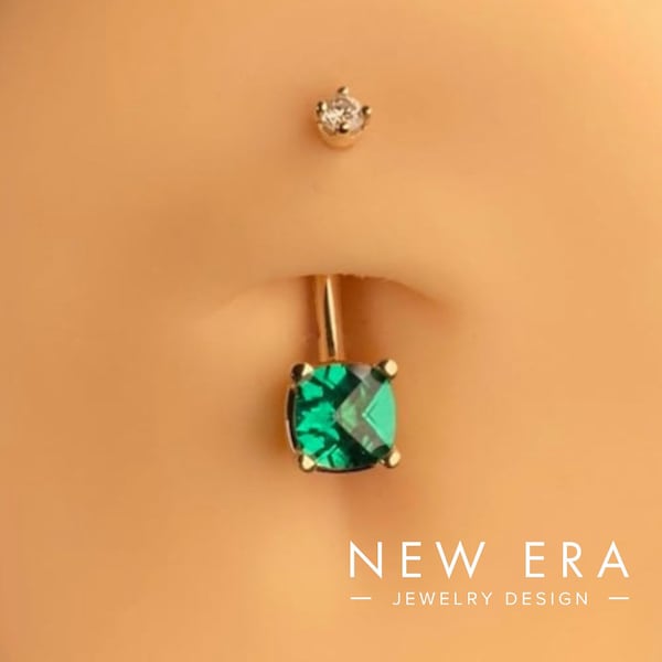 14k Solid Gold Cushion cut Emerald with Diamond top thread. 14gauge- green belly ring. Emerald and diamond Navel ring.
