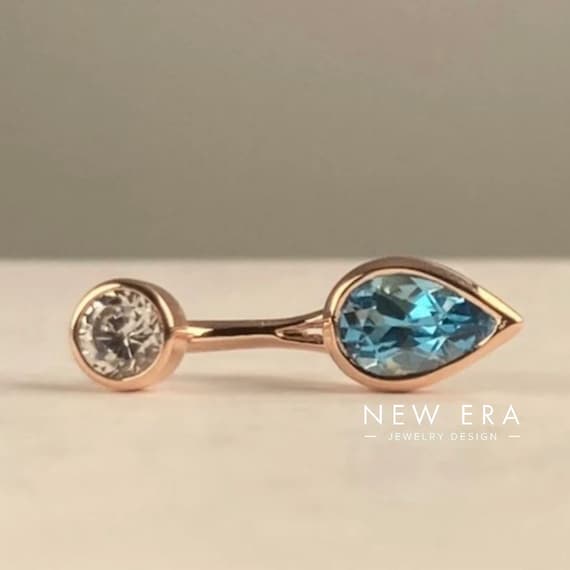 14 karat solid gold general clear vertical hood Christina piercing and bellybutton Blue and white Natural Topaz curved barbell 14g