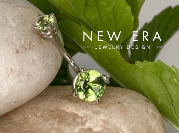 14 Karat Solid Gold Natural Green Peridot Belly Button Ring. Green