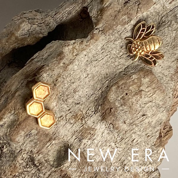 14 karat gold solid honeycomb & bumblebee decorative ends threadless, threaded, dermal options bee jewelry honeycomb  14k body jewelry
