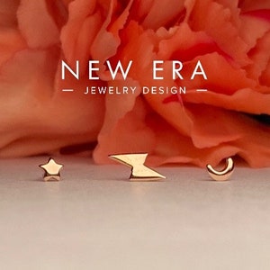 14k gold lightning bolt, star & moon gift set Labret gold ends push pin and threaded. Dermal set optional set