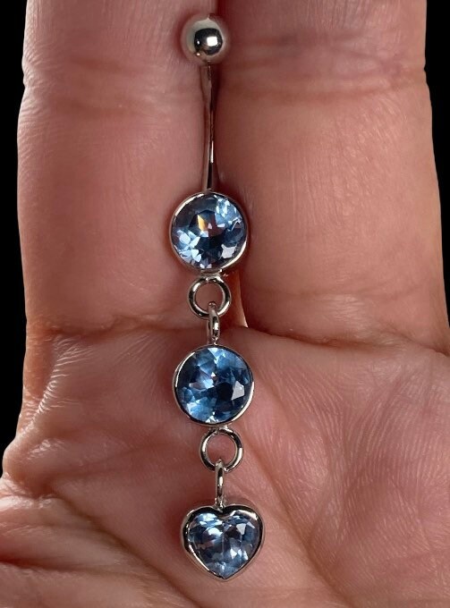 14k Solid White Gold Aquamarine Belly Button Ring. Round and Heart Dangle Navel Ring. Blue Belly Ring. Gift for Her Etsy