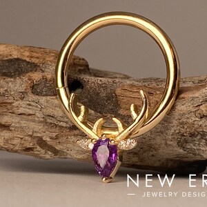 14k solid gold amethyst and diamond Deer Head unisex body jewelry Deer antler seam ring