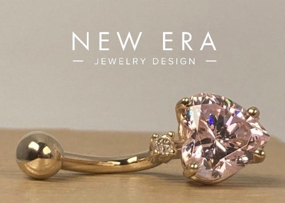 14 karat solid gold - Belly button ring - Navel ring - 14 gauge Barbell - Pale Pink sapphire and Cognac diamond -
