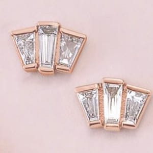 14karat gold tapered baguette Tragus, Helix, flat Piercing. 14g 16g Dermal gold ends, cartilage earring 14, 16g 18g and friction back