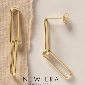 14K Solid gold Paperclip earrings. Yellow Elongated Flat Link Earrings. 14KR 14KW 14KY
