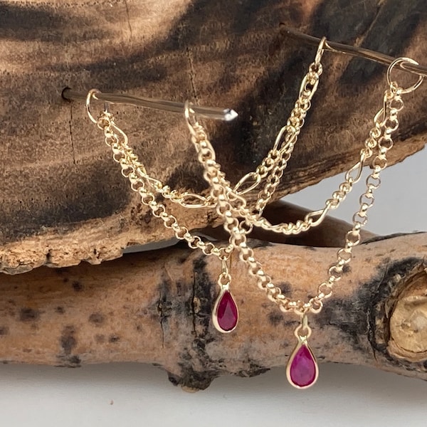 14k Solid Gold Ruby Nipple ring dangle attachment set of two. Two dangle nipple chains nipple jewelry. Ruby nipple ring dangle charms