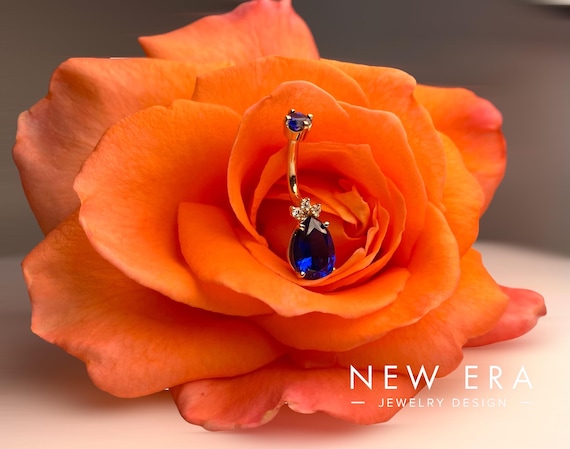14 karat solid gold Sapphire & diamond belly button ring! Sapphire Gemstone and diamond Navel ring.