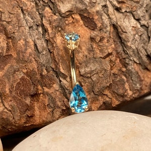 14 karat gold - Belly button ring - Navel ring -  Pear shape blue topaz and round topaz