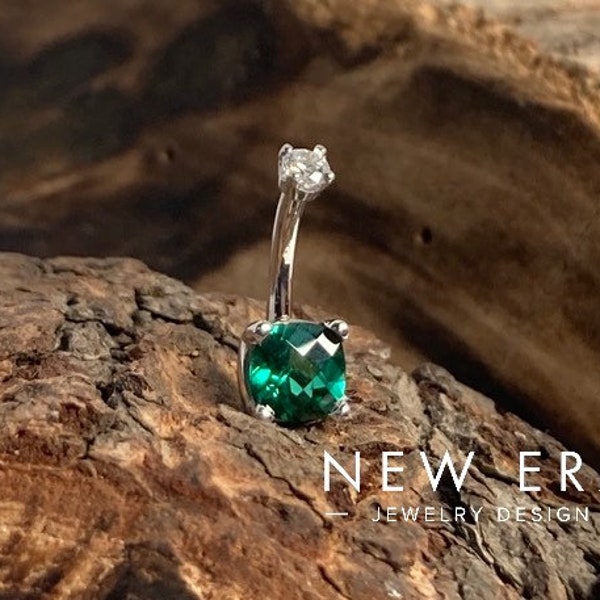 14k Solid Gold Cushion cut Emerald with Diamond top thread. 14gauge- green belly ring. Emerald and diamond Navel ring.