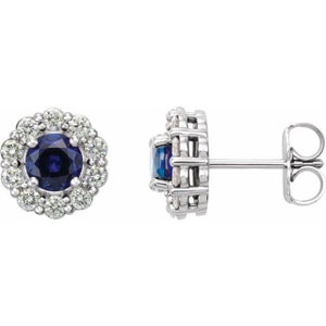 14K White 5mm  Blue Sapphire & 3/8 CTW Natural Diamond Halo-Style Earrings
