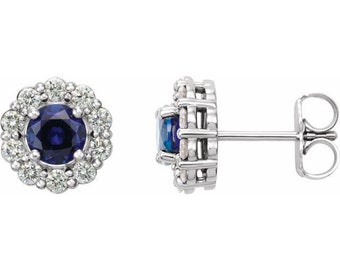 14K White 5mm  Blue Sapphire & 3/8 CTW Natural Diamond Halo-Style Earrings