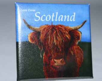 Love From Scotland - Highland Cow 38 mm vierkante badge (beperkte hoeveelheid beschikbaar)