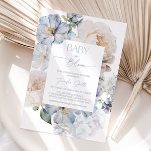 Dusty Blue Baby in Bloom Baby Shower Einladung Vorlage Baby in Bloom Einladung Boy Blue Floral Frame Baby in Bloom Einladung Blue B2