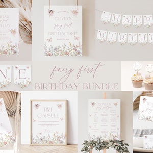 May include: A printable fairy first birthday party bundle with a pink and white color scheme. The bundle includes a welcome sign, a banner, cupcake toppers, thank you cards, and a time capsule sign. The text on the welcome sign reads "Welcome to [Name]'s Fairy First Birthday Party". The banner reads "Happy Birthday". The cupcake toppers read "One". The thank you cards read "Thank You Fairy Much". The time capsule sign reads "Time Capsule".