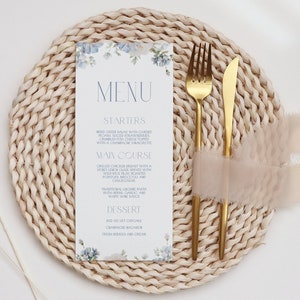 Plantilla de menú floral azul polvoriento Menú de brunch nupcial Editable Menú de despedida de soltera azul polvoriento Menú de boda floral azul polvoriento azul floral B2 D3